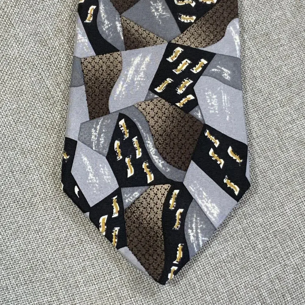 Vintage Barrington Silk Tie Black Silver Gold Abstract Geometric Necktie